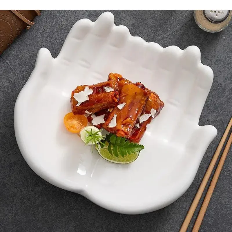Double-layer Buddha Hand Shape Ceramic Insulation Plate Dessert Dish Snack Molecular Cuisine Specialty Tableware