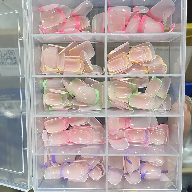 240/120/96pcs Candy French Press On Nails Tips Short Square Shaped Glossy Rainbow Lines Design Fake Nail For Fashion Party Woman_voghion.com
