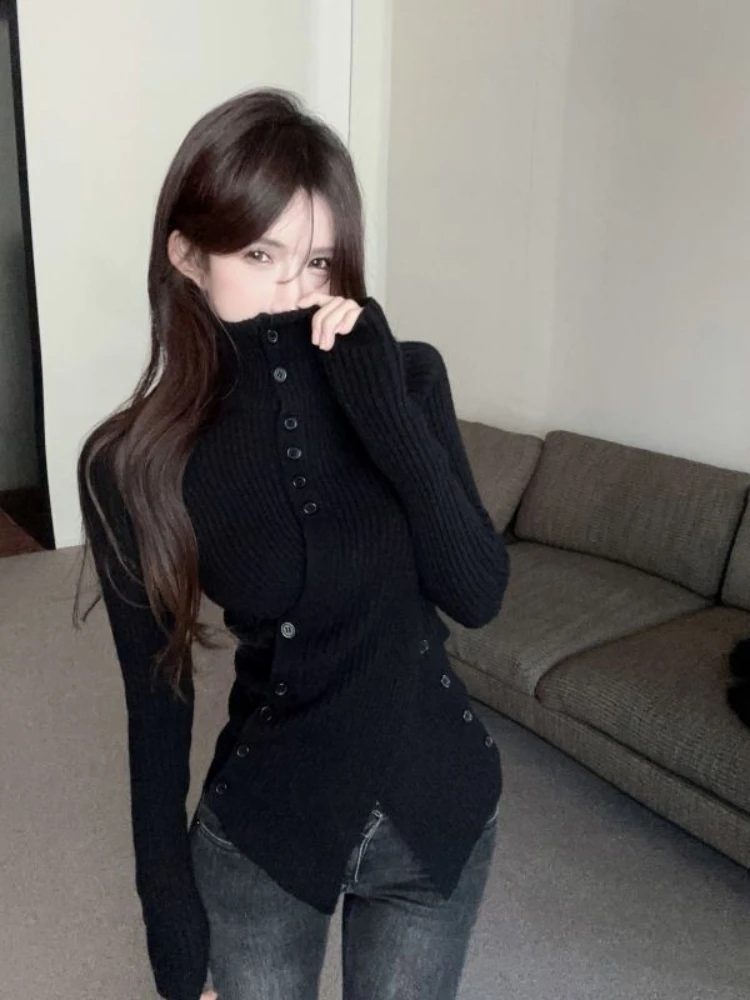 

Japanese Harajuku style irregular cross knit women's sweater autumn and winter spicy girl half high neck trendy women's top Y2K