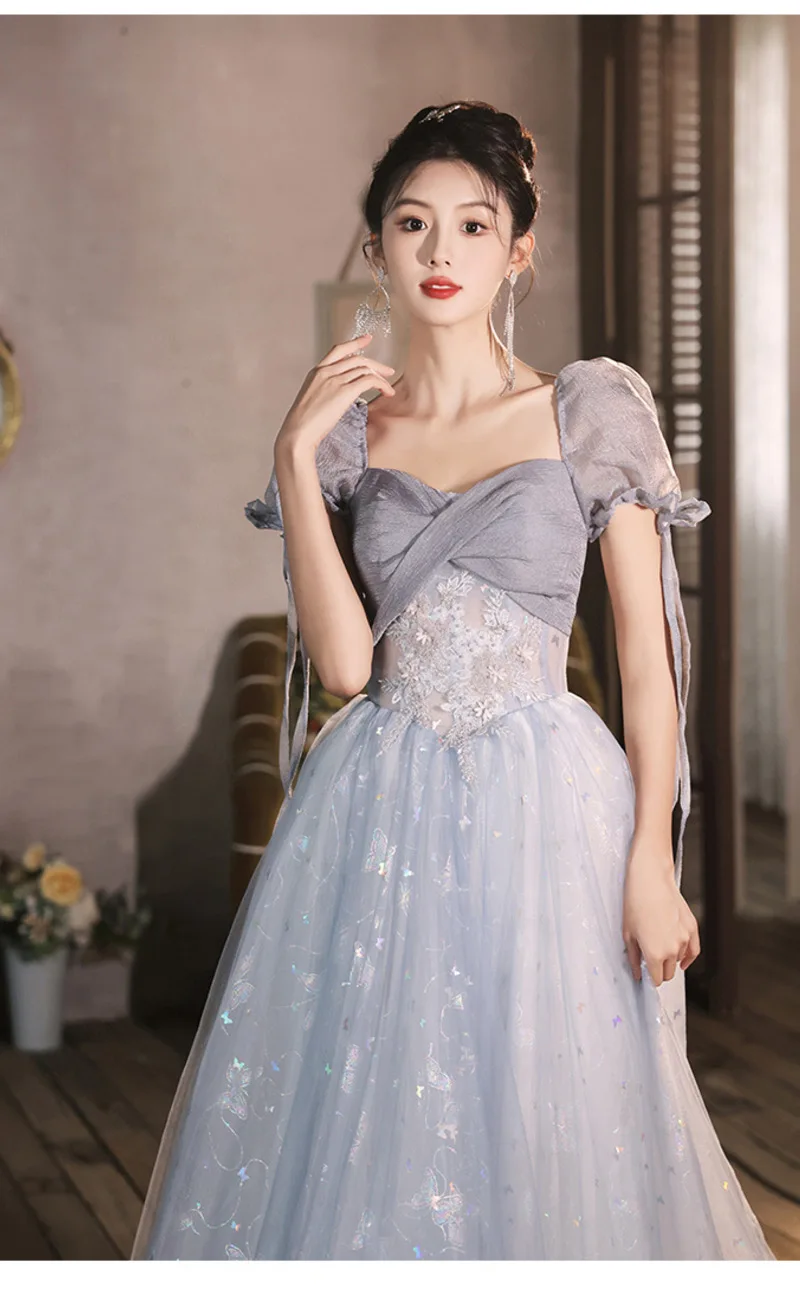 Blue evening dress female banquet art examination host princess dress summer