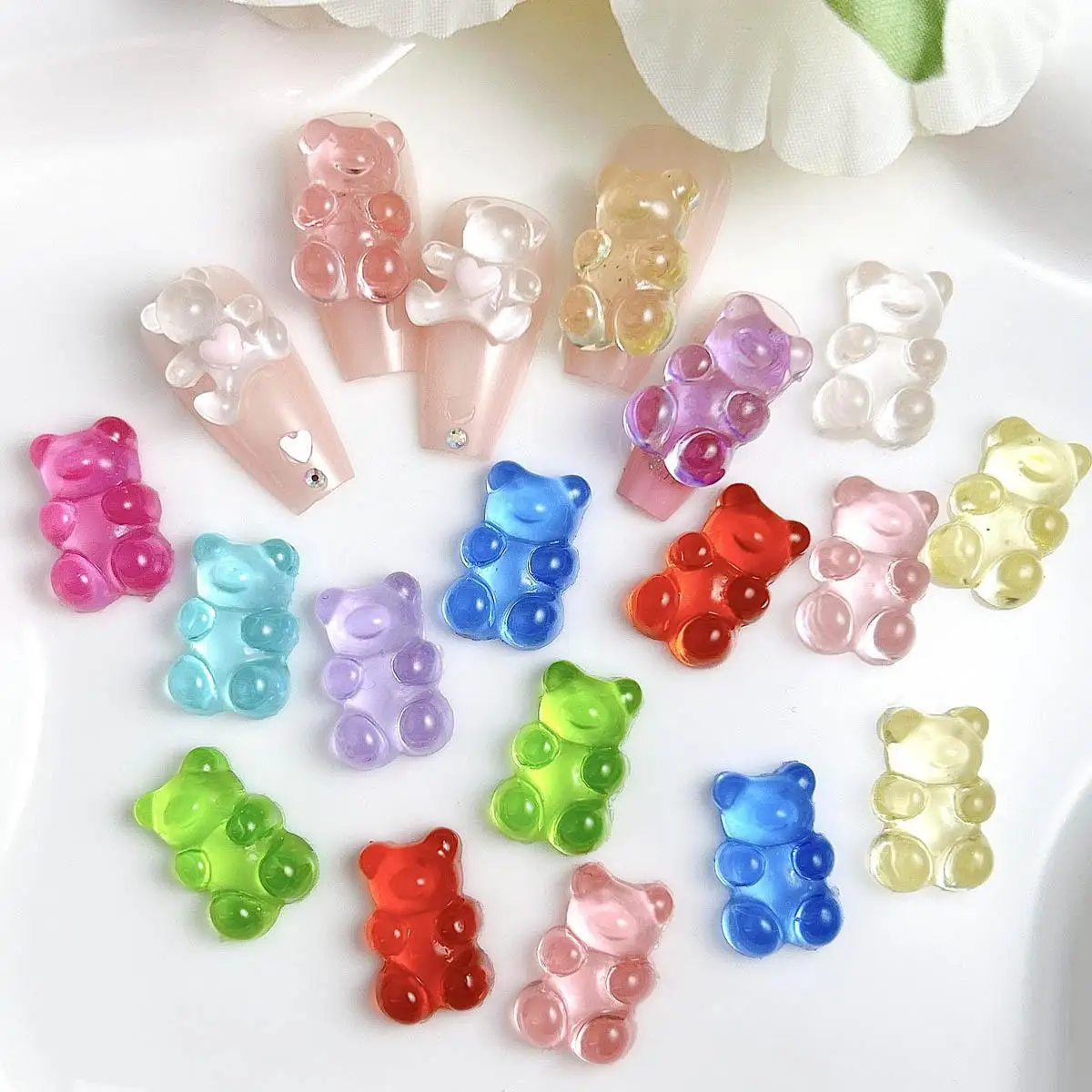 20PCS Cartoon Simulated Cute Fudge Bear Nail Charms 3D Colorful Transparent Bear Resin Nail Art Accessories Handmade DIY Parts