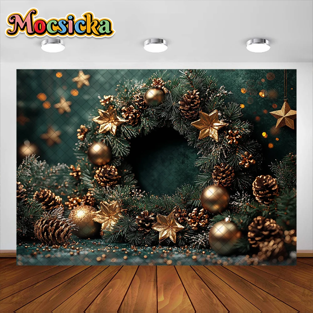 Fondo de fotografía de Navidad, corona de árbol de Navidad, suministros de decoración de estrellas doradas, fondos de retrato de foto de vacaciones para niños