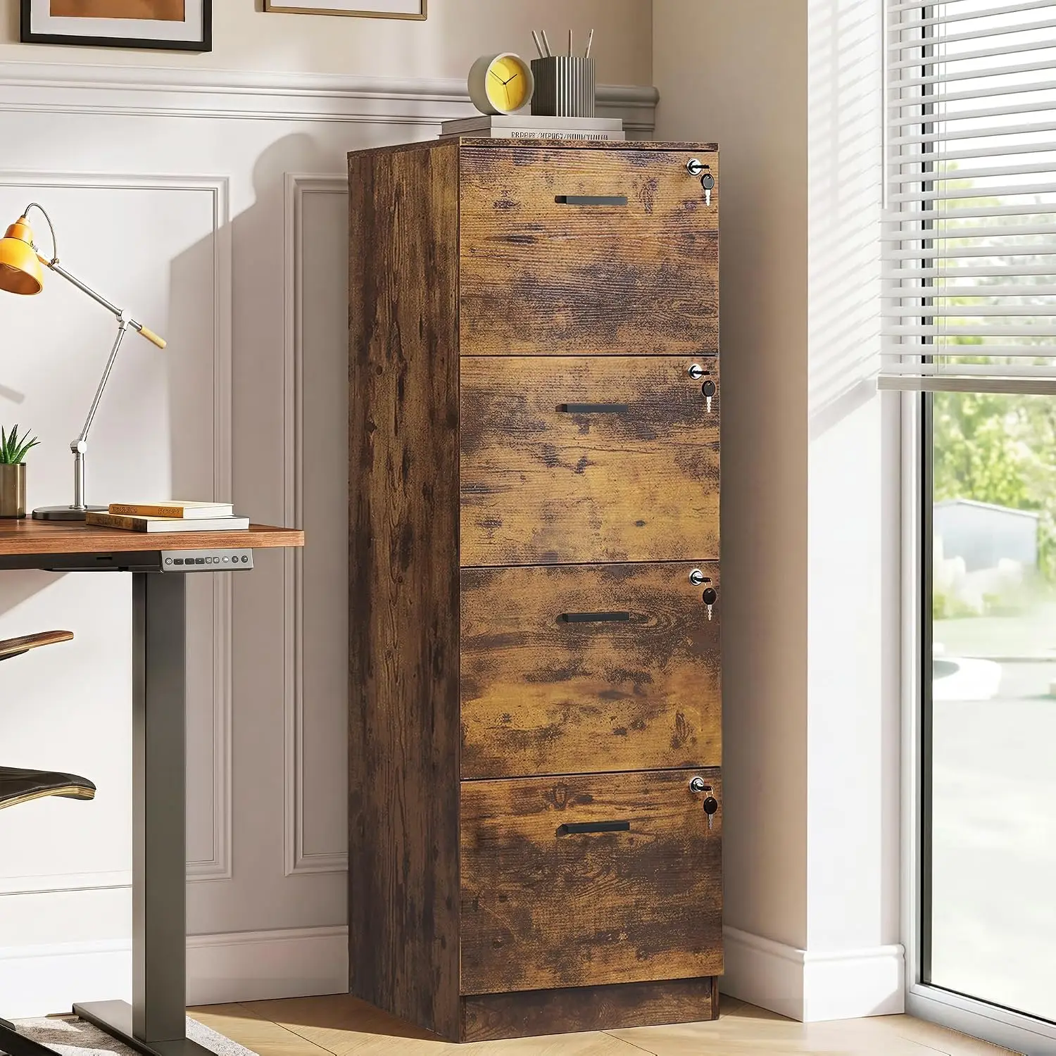 Wood File Cabinet 4 Drawer with Lock, Vertical Filing Storage & Printer Stand for Home Office Letter A4 Size, Customized