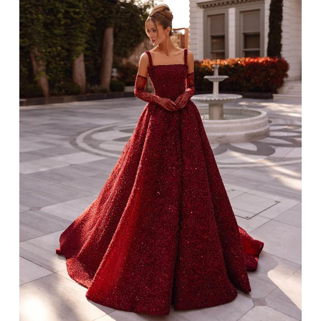 

Dark Red Sequin Prom Dresses Women Lace Corset Party Gowns Customized Luxury Beading Evening Dress Formal Vestido de novia