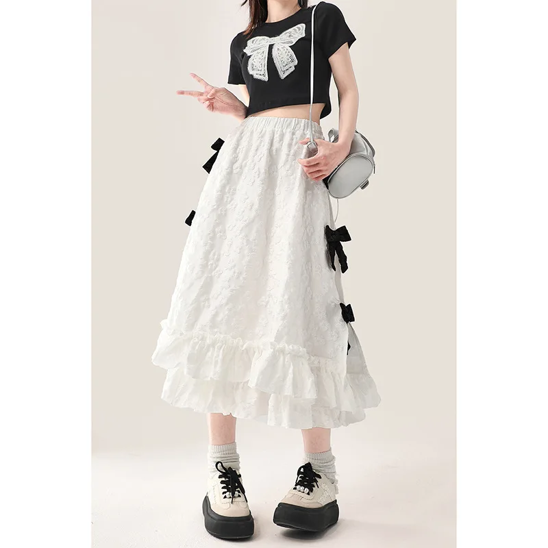 White Bow Half Skirt For Women 2024 New Summer Elastic Waist Fairy Skirt With Ruffle Edge Skirt