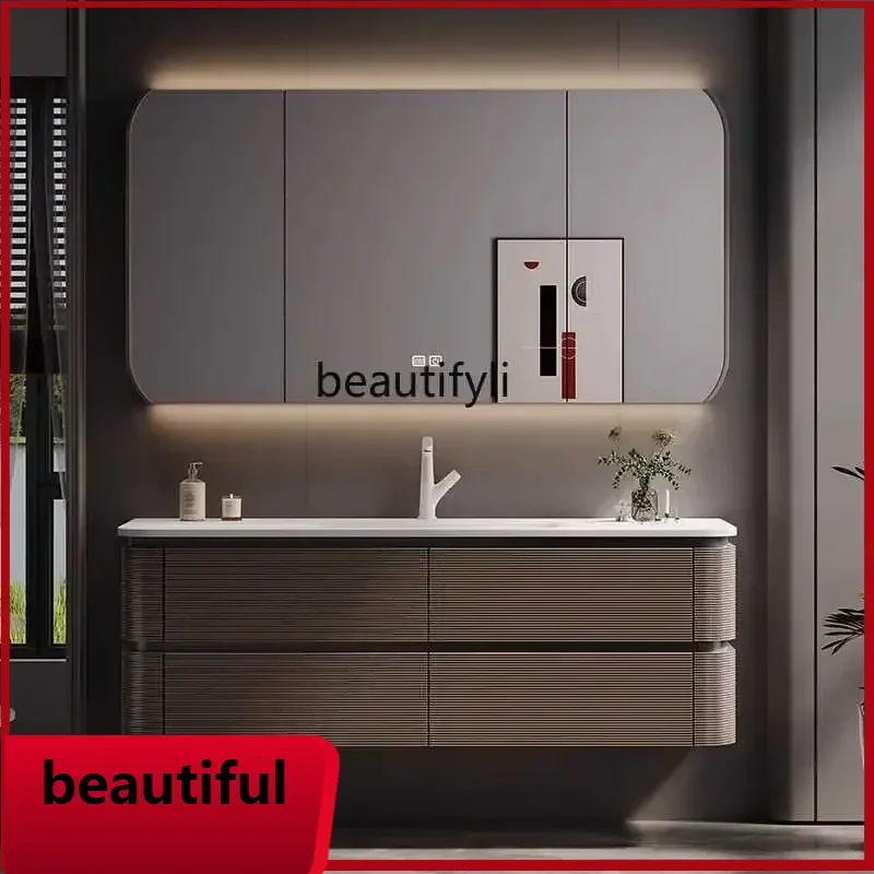 

F156 Modern light luxury arc bathroom cabinet combination washstand Modern light luxury Corian integrated basin