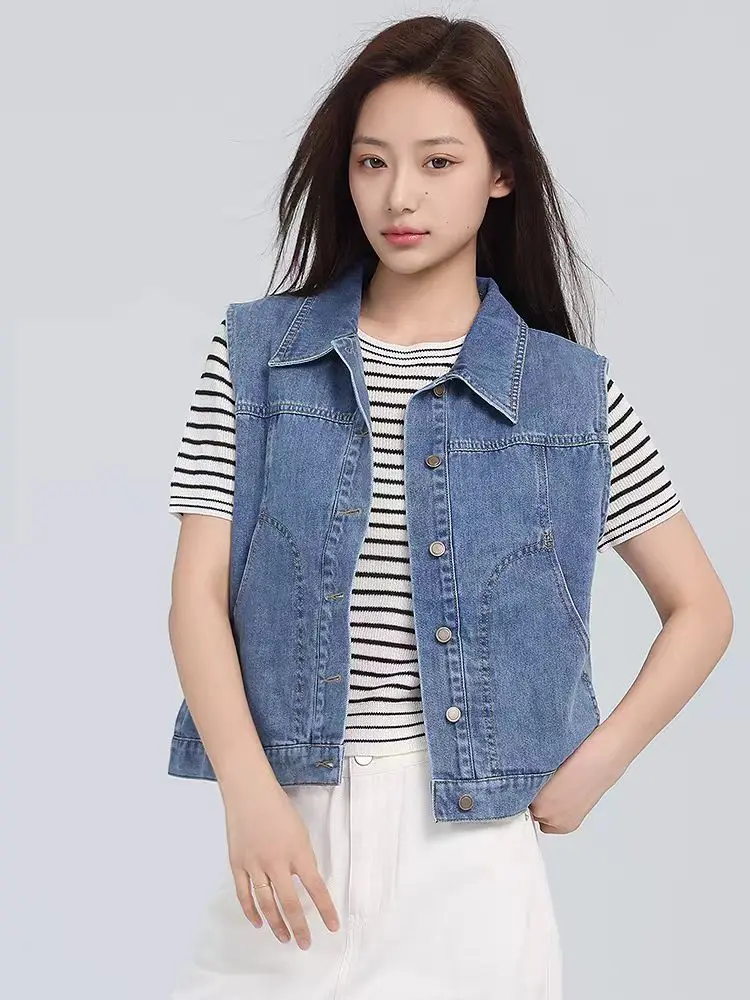 

Retro Waed Denim Vest Women's Svel Loose ort Jaet Collar ket Design Faionable Top Cotton Material