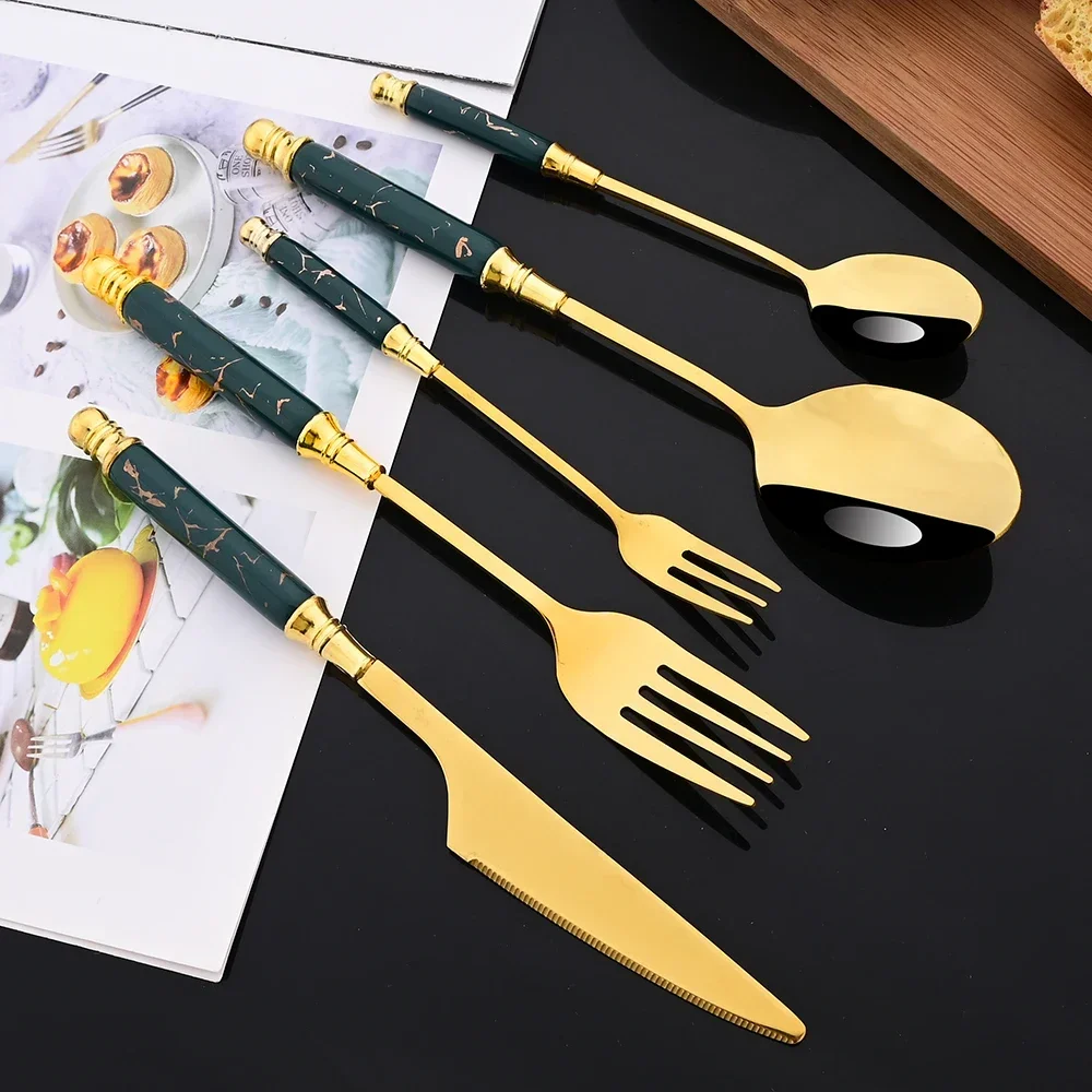

Gold Creative Marble Tableware Cutlery Set Fork 6People Dinnerware Ceramics Handle Fork Spoon Knife Utensils for Home Kitchen