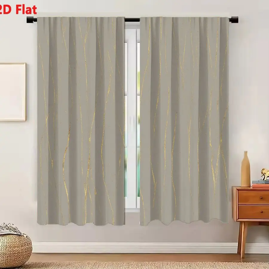 2Pcs Curtains Add 2D Flat Textured Muted Gray Background With Shimmering Gold Vertical Lines Elegant Brushstroke Pattern For Dec