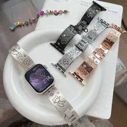 Apple Watch için çok renkli kavisli metal kayış 49mm-38mm kayış iwatch 9876-2 SE için Hayvan Graffiti kayış