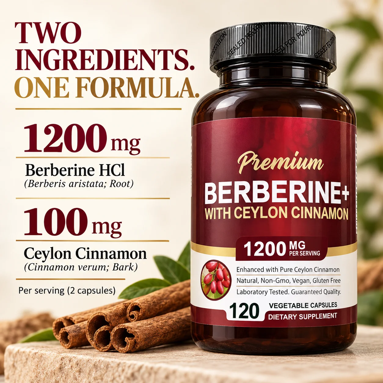 Berberine HCI 1200mg with Ceylon Cinnamon 100mg, 120 Vegetable Capsules, Vegan Non-GMO Gluten Free Daily Supplement, 60 Servings