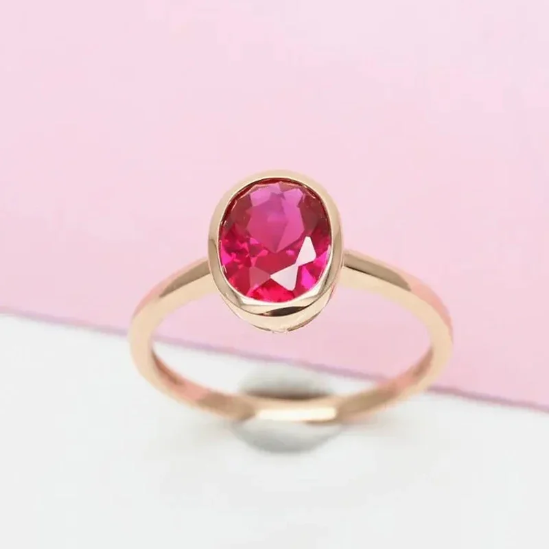 585 purple gold plated 14K rose gold inlaid oval simple ruby rings for couples elegant and refined romantic new jewelry gift