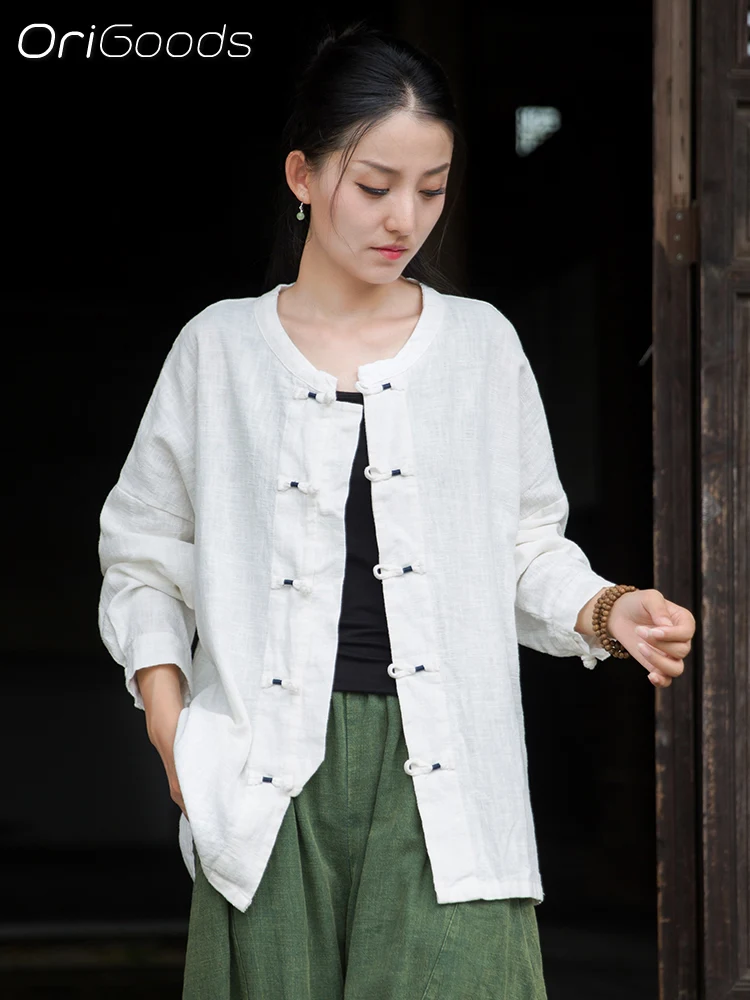 

OriGoods, женская рубашка большого размера с длинными рукавами, новинка 2025, осенняя хлопковая одежда из рами в китайском стиле, блузка с длинными рукавами в стиле дзен, топы B327