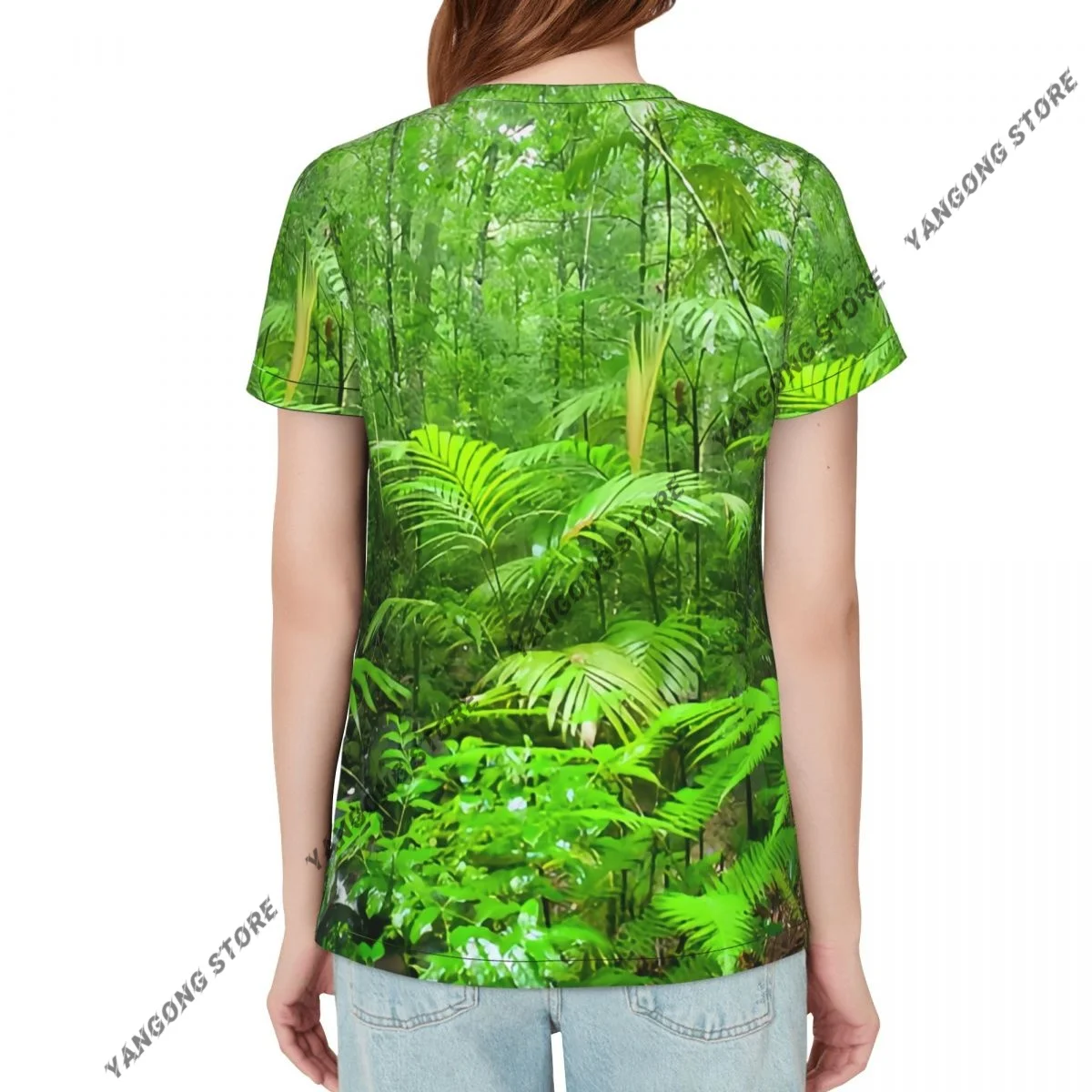 Casual Summer Woman Skinny Fit T-shirt Tight Short-Sleeve O-neck Tee Basic Tropical Forest On Rainy Morning T Shirt