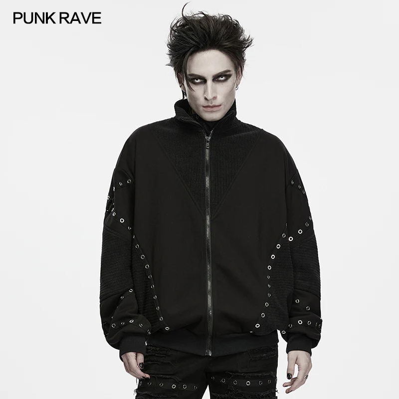 PUNK RAVE Men's Punk Etched Loose Drop-shoulder Webbing Jacket Create A Lazy Dark Stand-collar Zip-up V-shaped Segmentation Coat