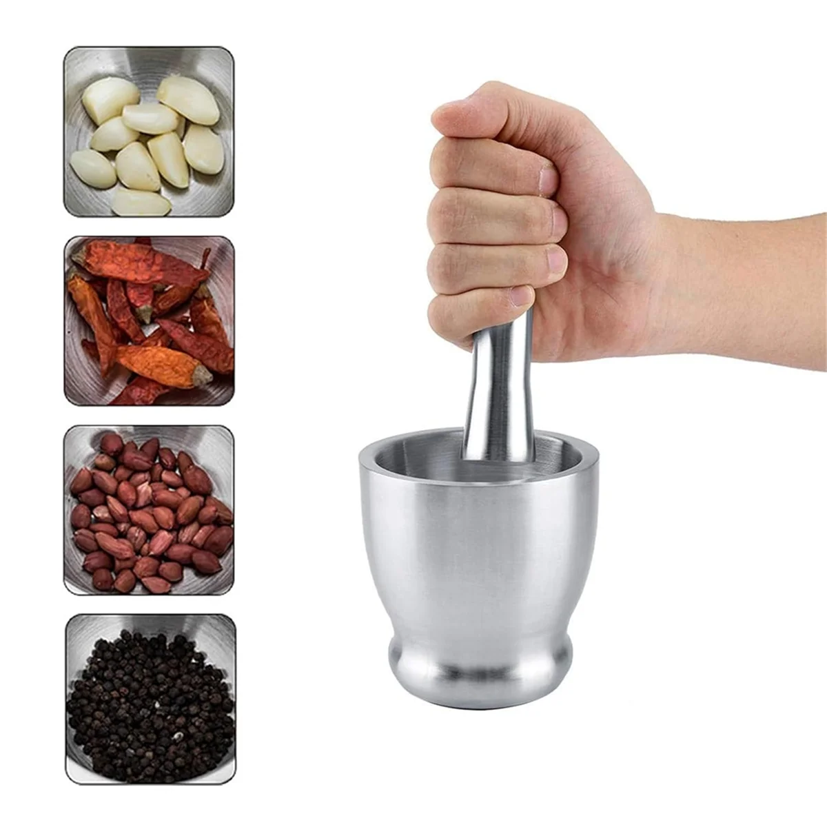 Stainless Steel Large Mortar and Pestle Spice Pill Crusher Set with Protective Lid for Kitchen or Grinding HerbsJAS