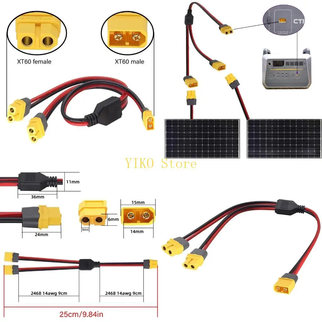 K32C XT60 25Cm Y Cable with Male End and Two Female Ends, Molded Body, PVC Cover, and XT60 Form for Line Arrangement Task Use