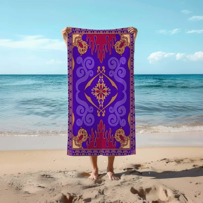 Tribal purple flame decorative symmetrical pattern lightweight quick dry beach towel made for cultural themed beach travel