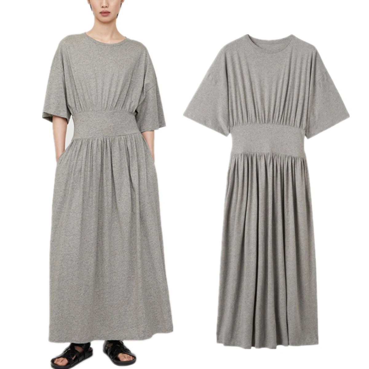 

Maxdutti French Minimalist Round Neck Cotton Short Sleeved Dress Grey Color Elegant Dress Women's Casual Dresses Female Clothing