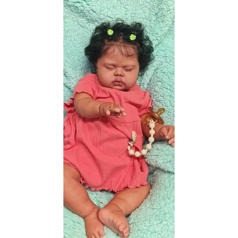 

24Inch Pickle Dark Skin Sleeping in Soft Cloth Body Lifelike Reborn Toddler Hand rooted Hair Cuddly Baby Girl Doll Baby