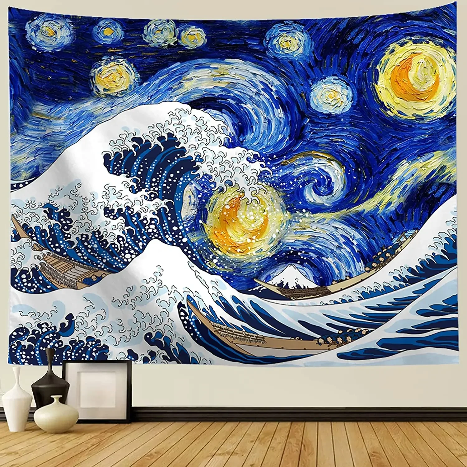 Japanese Art Wall Hanging The Great Wave Off Kanagawa Colorful Aesthetic Starry Night Tapestry For Bedroom Decor