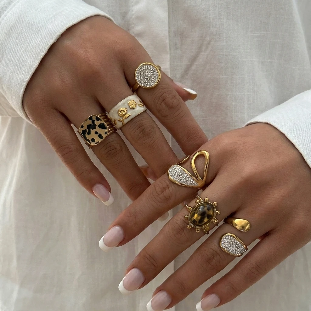 Minimalistische vergoldete Edelstahlringe für Damen und Herren, Vintage-Leopardenmuster, geometrische Ringe, Statement-wasserfester Schmuck – Detail 1
