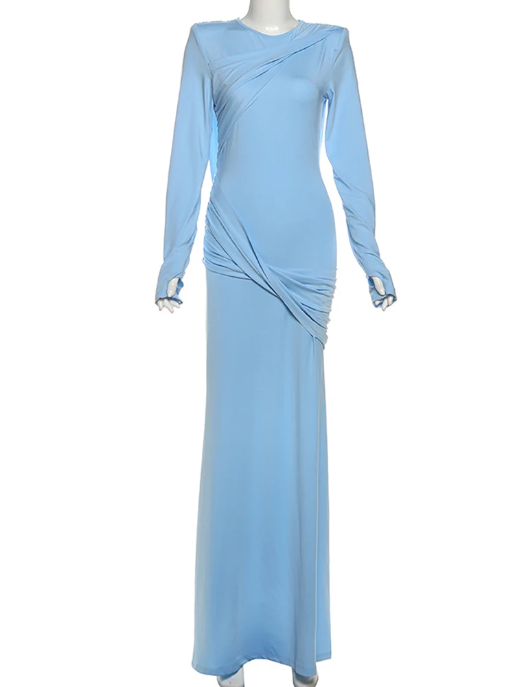 Weird Puss Ruched Kink Design Long Dress Women Autumn New Trend o-Neck Backless Full Sleeve Prom Party Elegant Skinny Vestidos