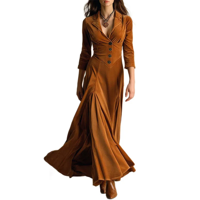 2025 Spring Fall Casual Women Suit Collar Velvet Long Dress 2025 New Slim Elegant Office Lady Fashion Solid Velour Dresses