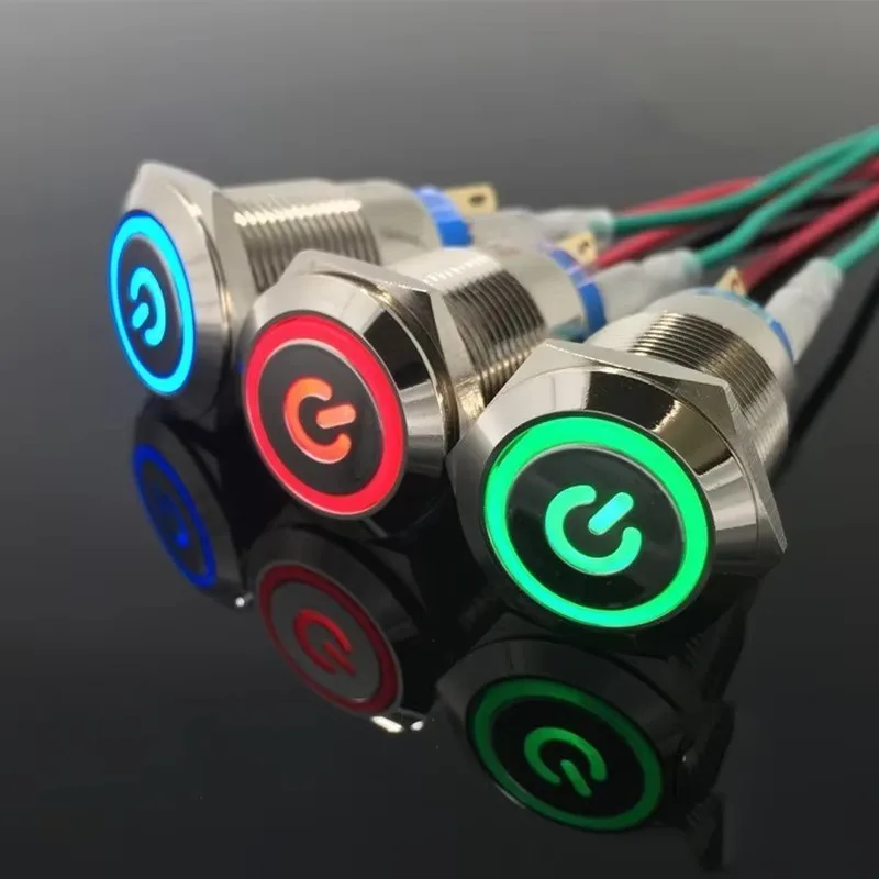 

12/16/19/22MM Waterproof Metal Push Button Switch LED Light Momentary Latching Car Engine Power Switch 5V 12V 24V 220V Red Blue