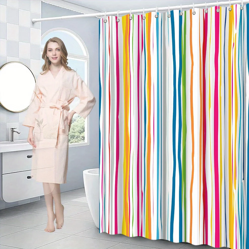 Abstract Wavy Stripe Shower Curtain – Vibrant Multicolor Vertical Lines on White, Waterproof Polyester,  12 Rustproof Hooks