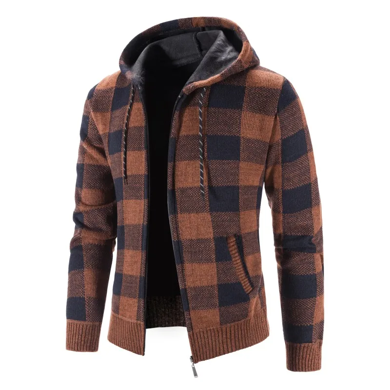 Men Plus Velvet Thick Plaid Sweater Plus Size Men's Jacket Hooded Cardigan Hooded Fashion Hoodie Men  Vintage Hoodie Men 4XL