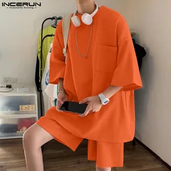 2024 Men Sets Solid Color Loose Korean O-neck Short Sleeve T Shirt & Shorts 2PCS Streetwear Summer Men's Casual Suits INCERUN