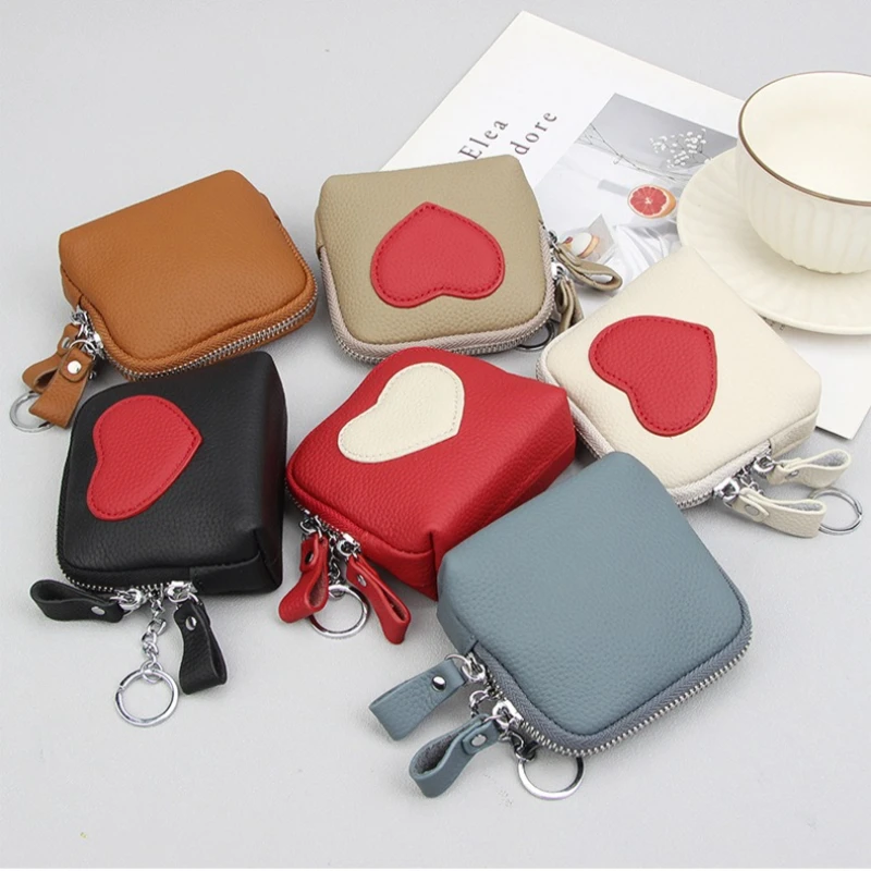 Heart Pattern Genuine Leather Coin Purse Zipper Closure Color Block Mini Wallet for Women Fashion Small Cards Change Storage Bag