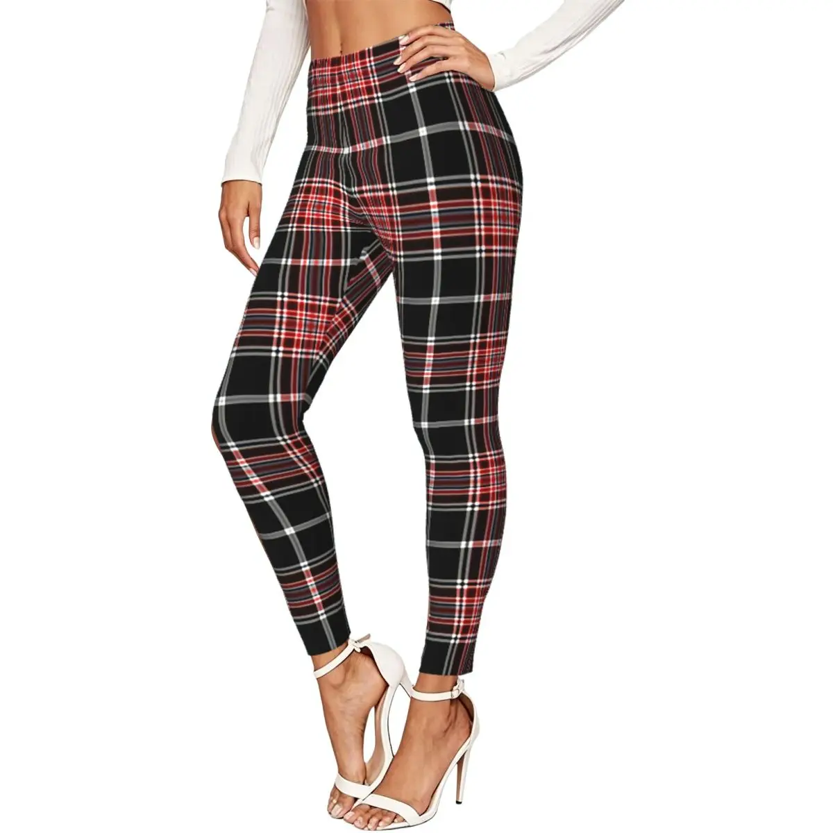 Nostalgic Striped Plaid Pattern Women Leggings High Waisted Stretch Tights Workout Running Pants