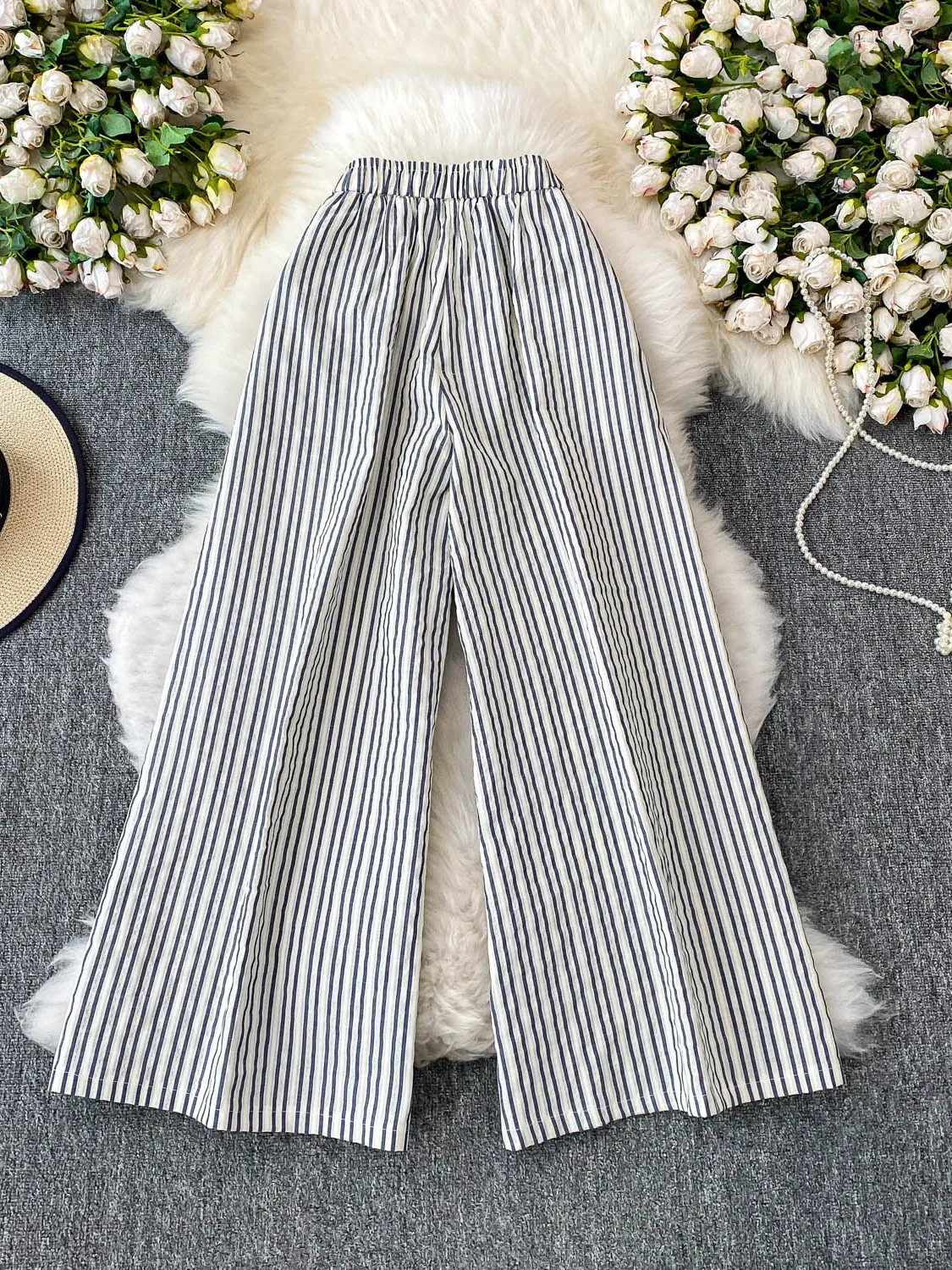 High Waist Striped Wide Leg Pants Women's Casual Loose Fit Korean Sle Straight Cut Nine Point Pants Summer 2025
