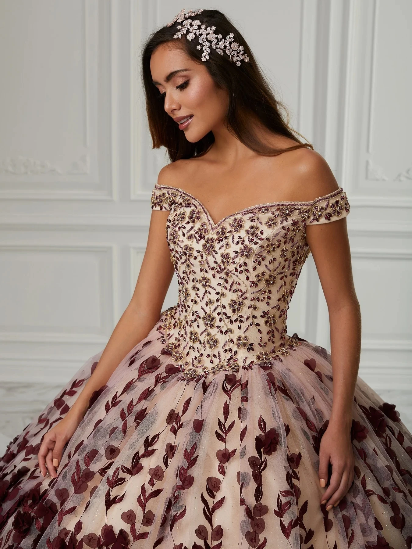 Brown Charro Quinceanera Dresses Ball Gown Off The Shoulder Tulle Flowers Beaded Puffy Mexican Sweet 16 Dresses 15 Anos