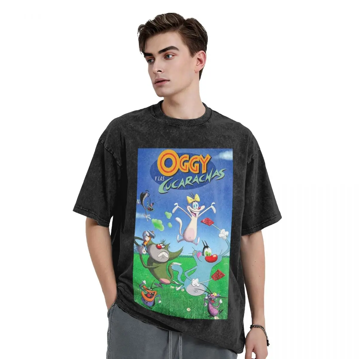 Animation Anime Film Oggy And The Cockroaches Washed T Shirts Short Sleeve Hip Hop T-Shirt Streetwear Tops Tees for Men Women