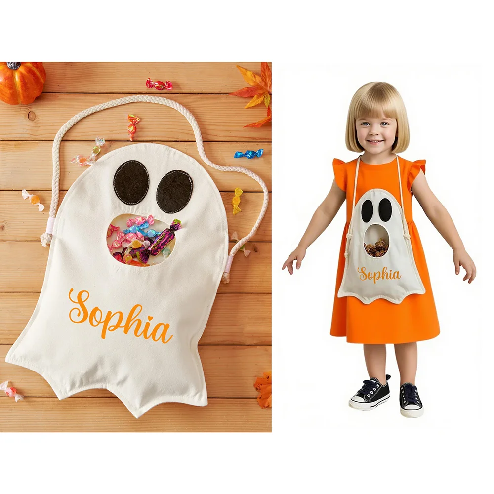 

Personalized Halloween White Ghost Candy Bag Children's Trick-or-Treat Tote Spooky Season Supplies Fall Holiday Gifts for Kids