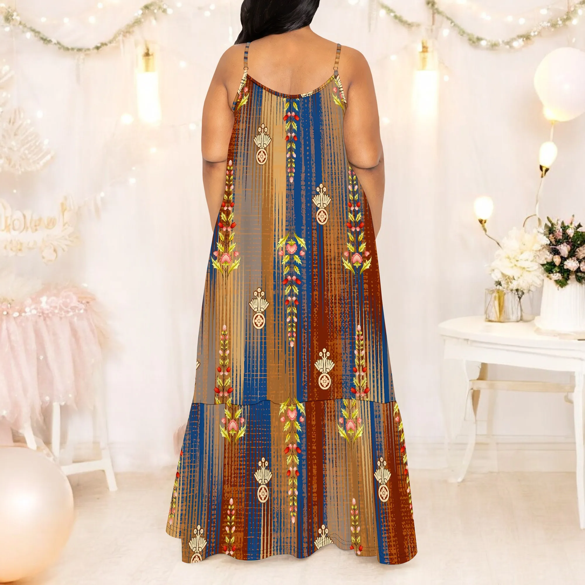 Ethnic Stripe Print Maxi Dress Women Sleeveless Summer Spaghetti Strap Bohemian Beach Dress
