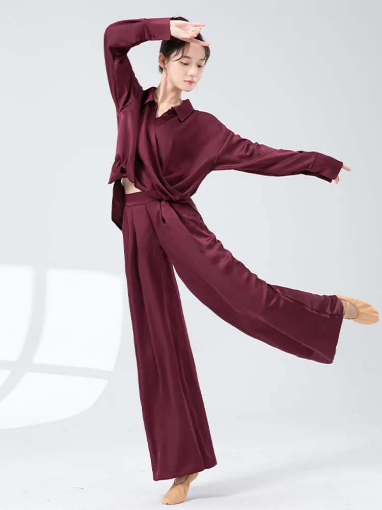 Top con risvolto vestibilità ampia in tinta unita e pantaloni a gamba larga a vita alta – Elegante abbigliamento da ballo per spettacoli, pratica e allenamento