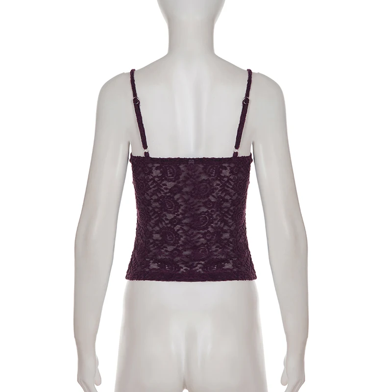 SUCHCUTE Sexy Lila Spitzen-Camisole für Damen, schmales V-Ausschnitt-Top mit Spaghettiträgern, ärmellose Sommer-Coquette-Weste, Y2K Fairycore-Kleidung – Detail 5