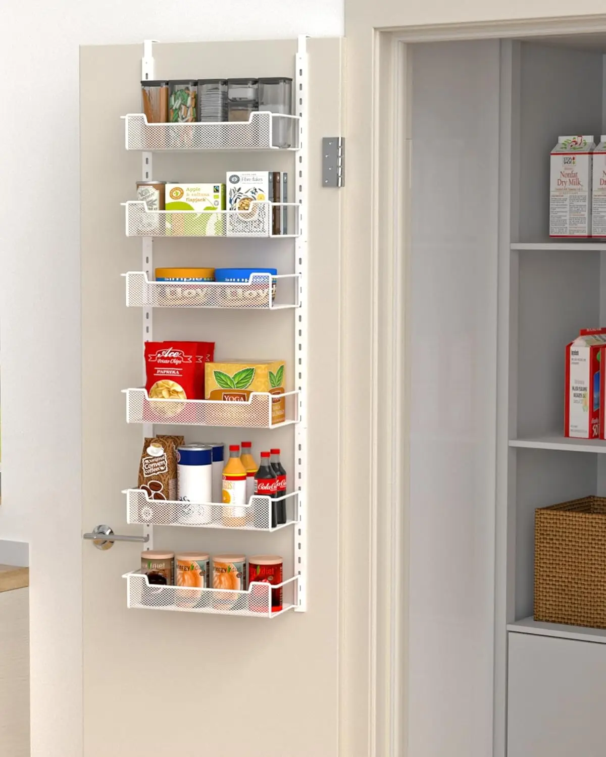 

12.3' W Narrow Over the Door Pantry Organizer, 6-Tier Over the Door Organizer with Adjustable Basket