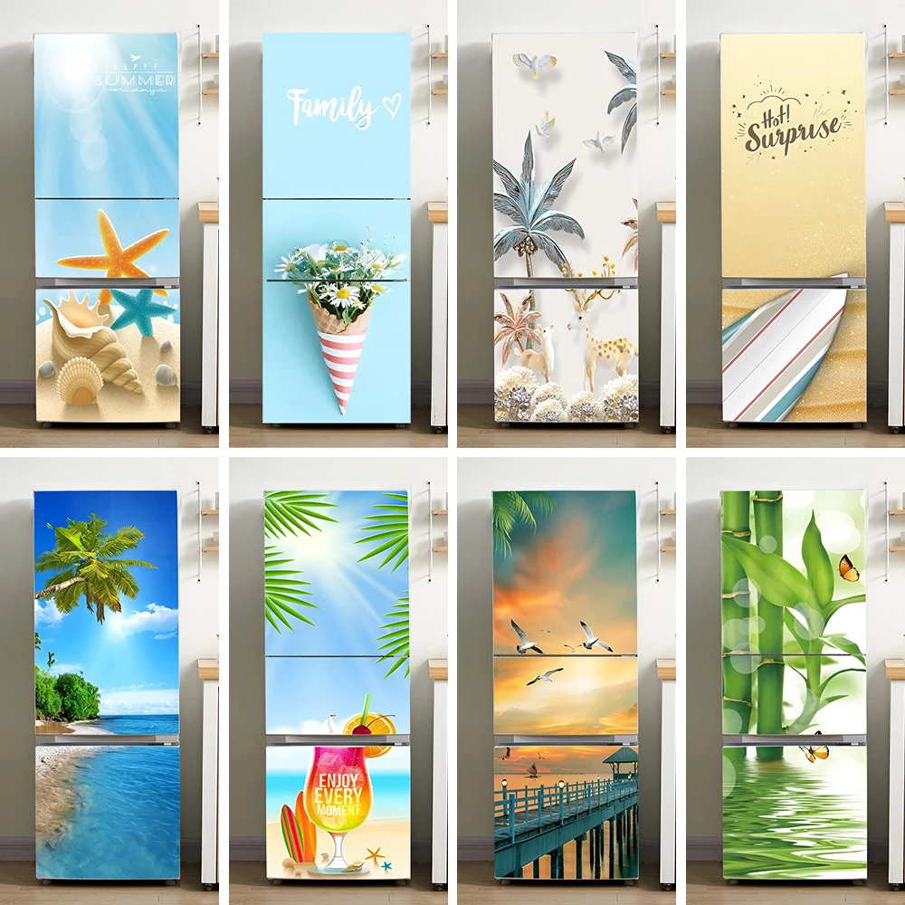 Summer Series Blue Sea Beach Printed Fridge Door Sticker Mural Decals Kitchen Decorations Wallpaper PVC Cabinet Freezer Stickers