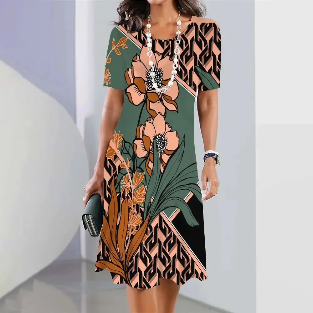 Women's T-shirt Dress Fashionable Flower Print Round Neck Short Sleeved Beach Cover Knee Length Dress Female  Vestidos Elegantes