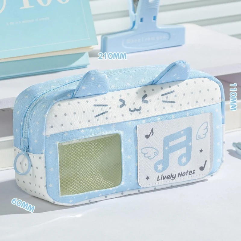 Cute Cat Ear Pencil Case Music Note Star Pattern Canvas Pen Bag Multi‑pocket Student Stationery Organizer Badge Display Bag