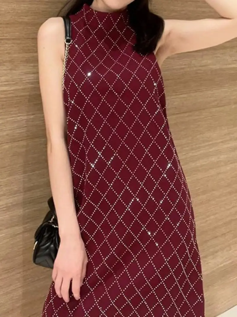 Women Red Mini Dress Argyle Rhinestone Decoration Sleeveless O-Neck Elegant Autumn 2023 Short Robe