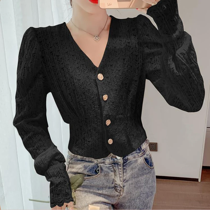 Women\'s Clothing 2024 Vintage Sexy Lace Solid Sweet Chic Single Breasted Blouses Female Casual V Neck Long Sleeve Slim Crop Tops