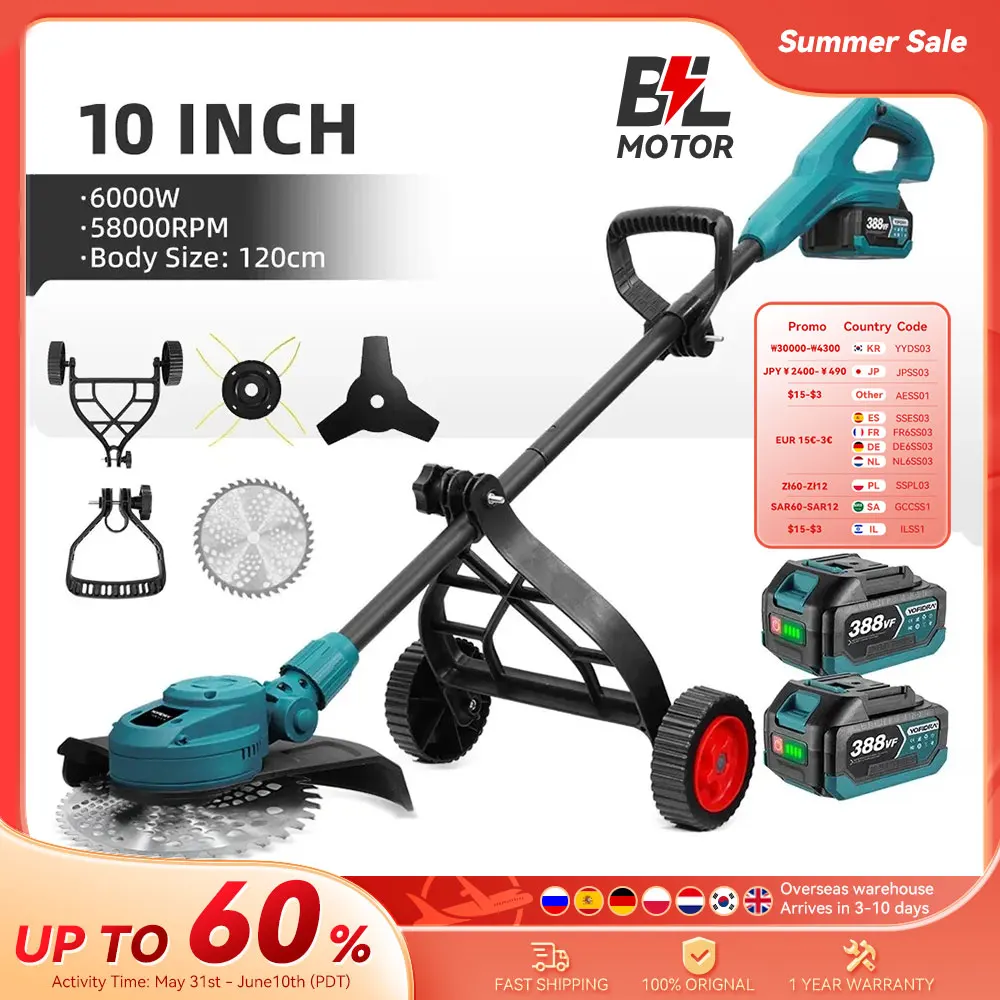 YOFIDRA 10 pouces 6000W tondeuse à gazon électrique sans brosse 58000 tr/min jardin pliable coupe gazon outil de jardin pour Makita 18V batterie broche