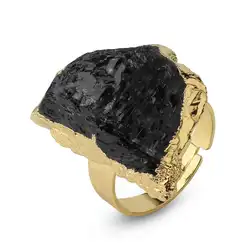 Irregular Black Tourmaline Ring for Men Gold Color Genuine Natural Raw Crystal Stone Reiki Energy Jewelry Gift Adjustable x239