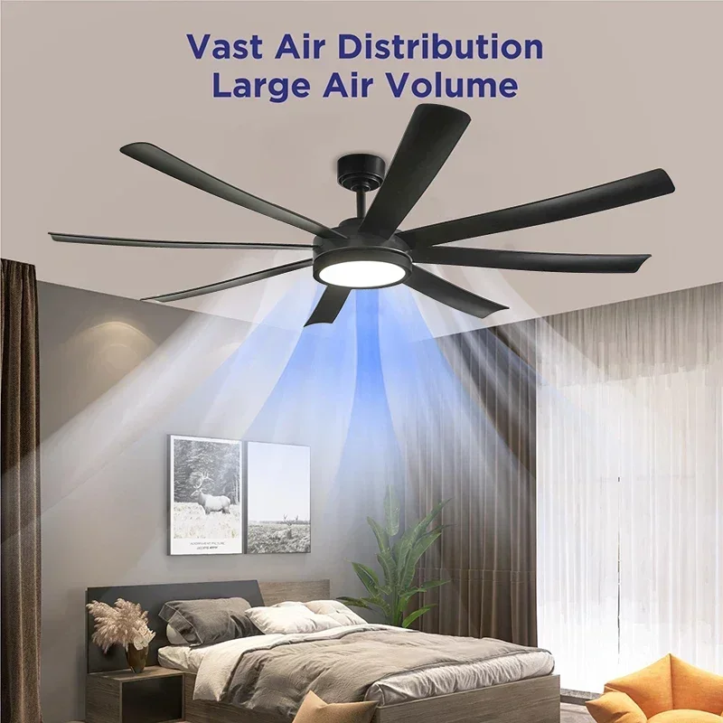 40/72 Inch Black High-power Ceiling Fan with Light, DC Motor Remote Control, 6-speed Reversible, Living Room, Bedroom Fan Lights